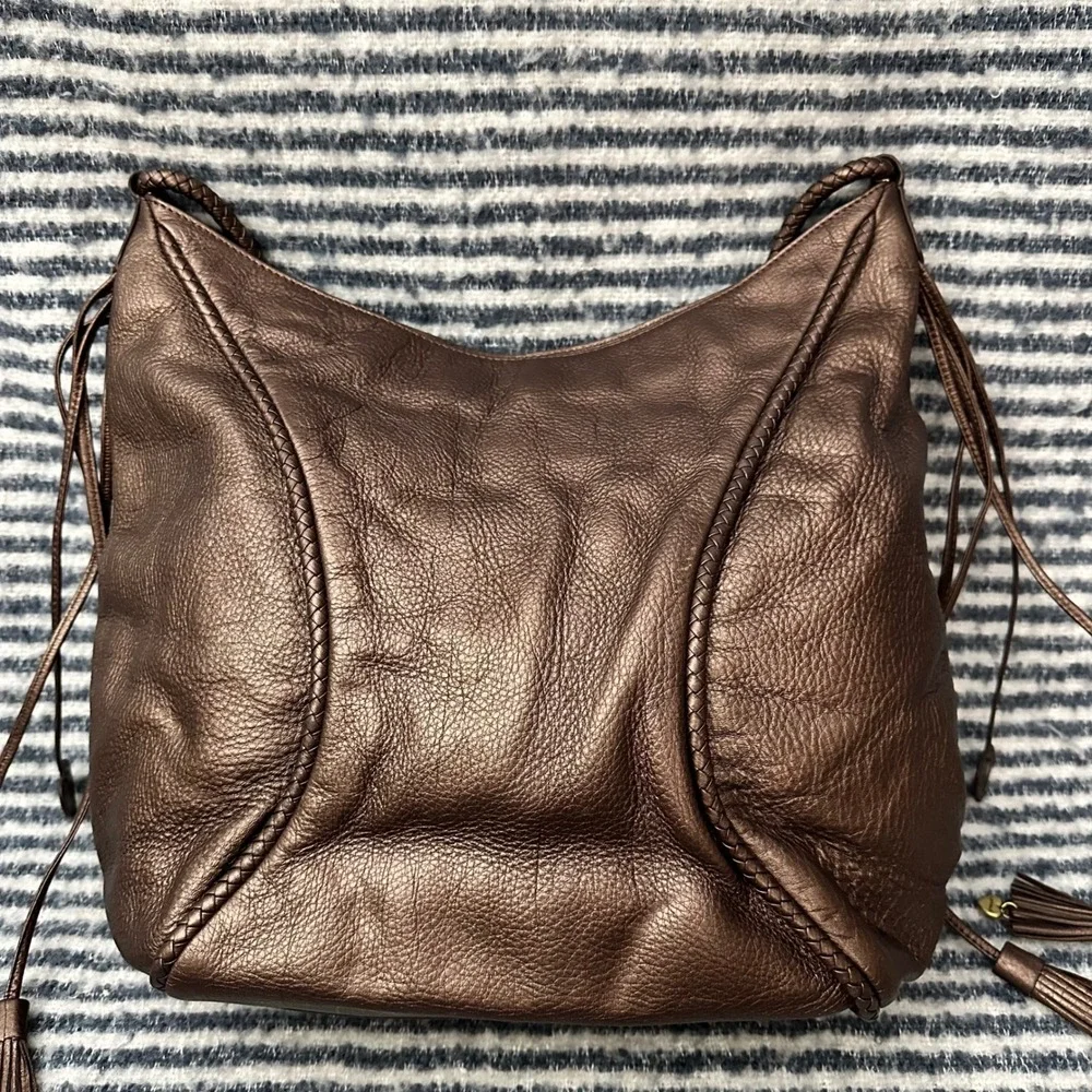 LOVCAT Brown‎ Metallic Leather Zip Hobo Shoulder Bag Fringed Sides